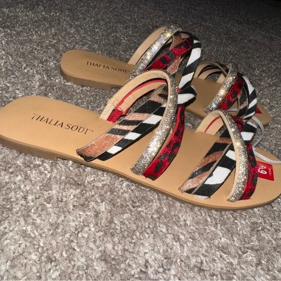 Thalia Sodi Animal Print Rhinestone Bling Sandals Faux Fur Vegan Black White Red - Picture 2 of 5